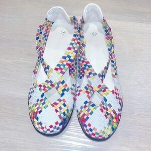 Rainbow sidewalk slip on elastic woven white criss cross straps walking shoe new